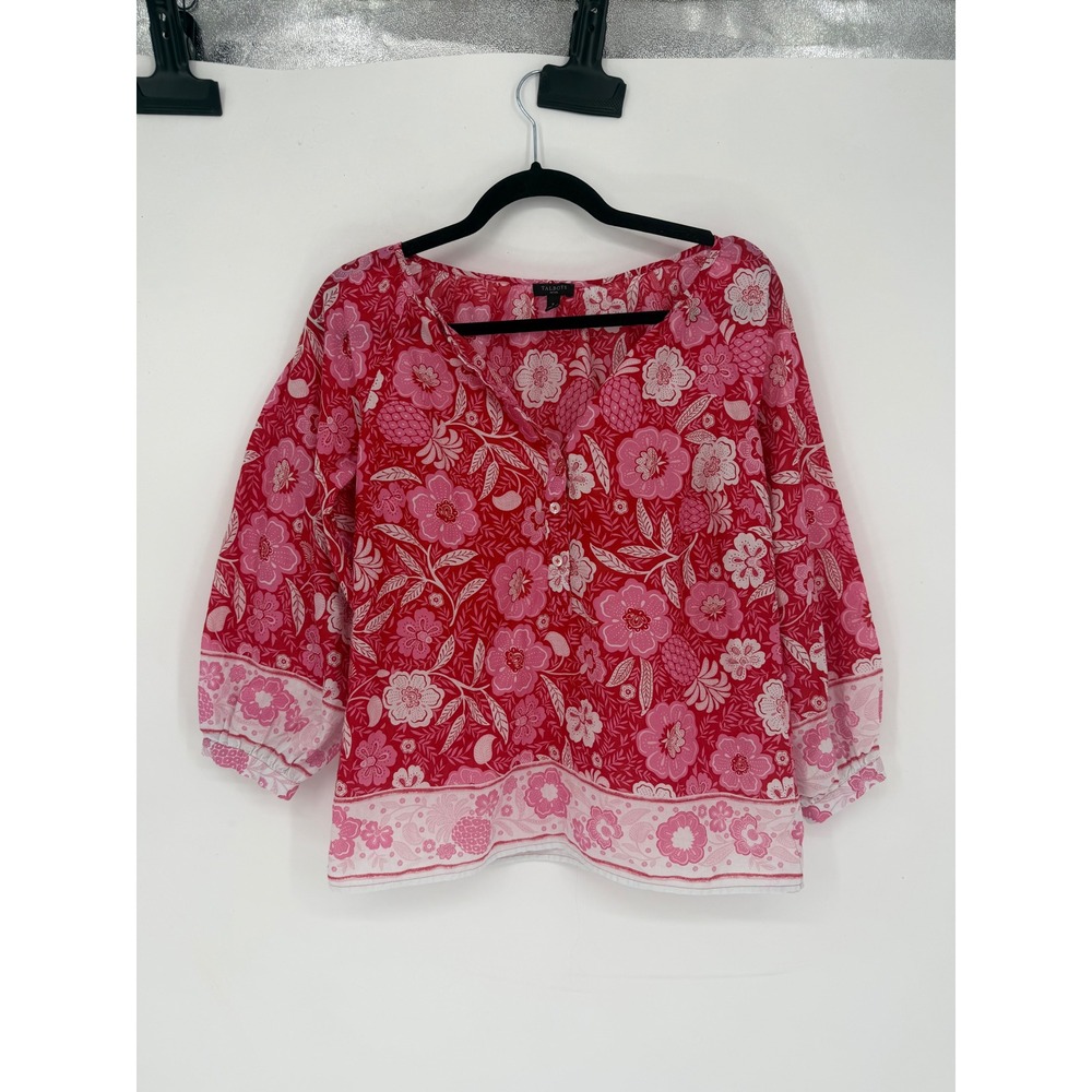 Talbots Blouse Women Petite P Pink Excellent Floral Cotton 3/4 Sleeve Top